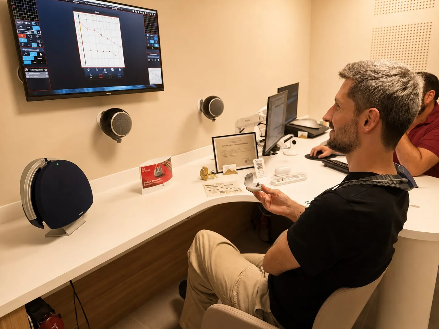Un patient en cabine d’audiométrie, la courbe d’audiogramme affichée à l’écran.